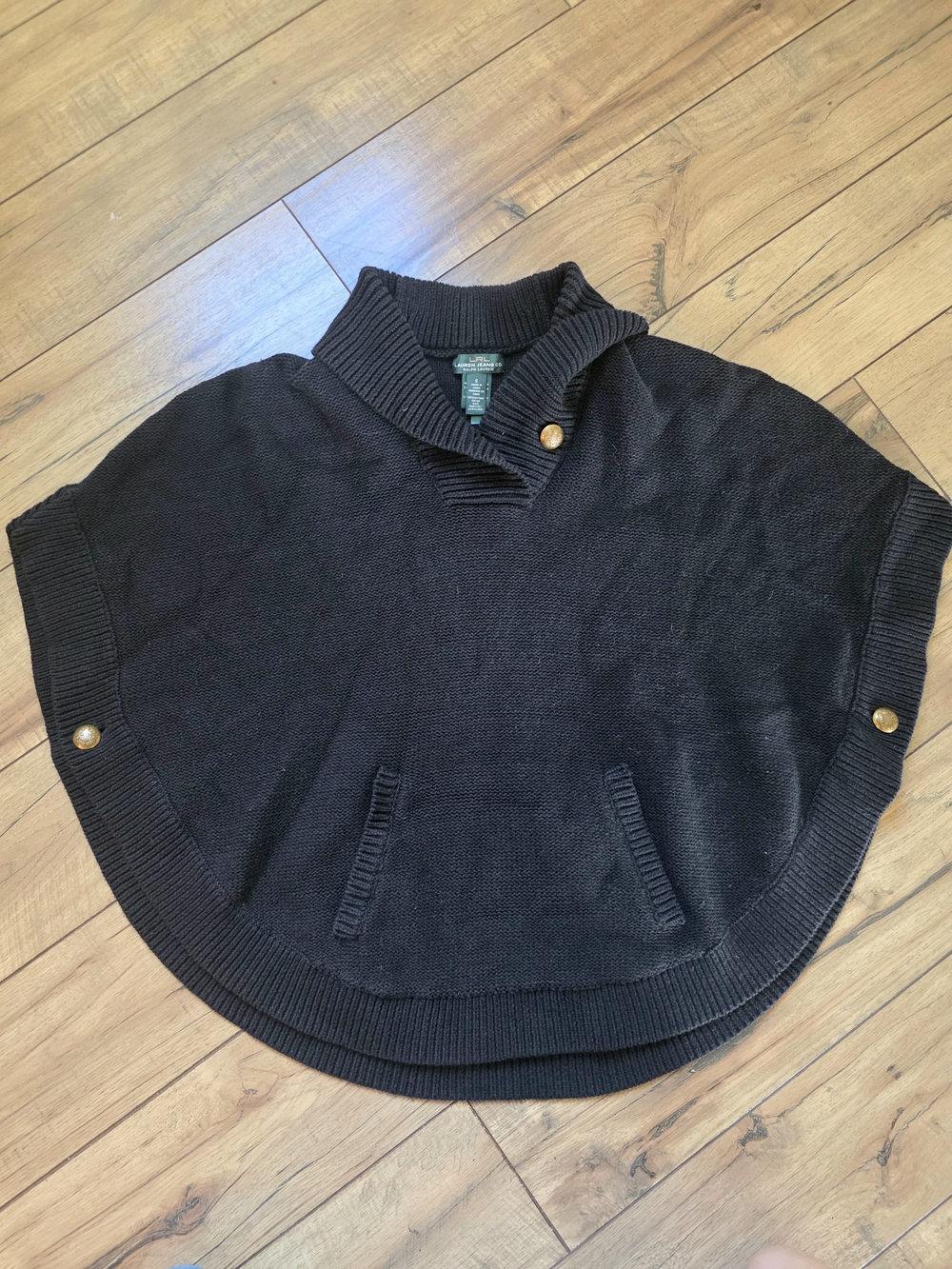 Lauren Ralph Lauren Black Cape Shawl-Collar Poncho Sweater Gold Buttons Small